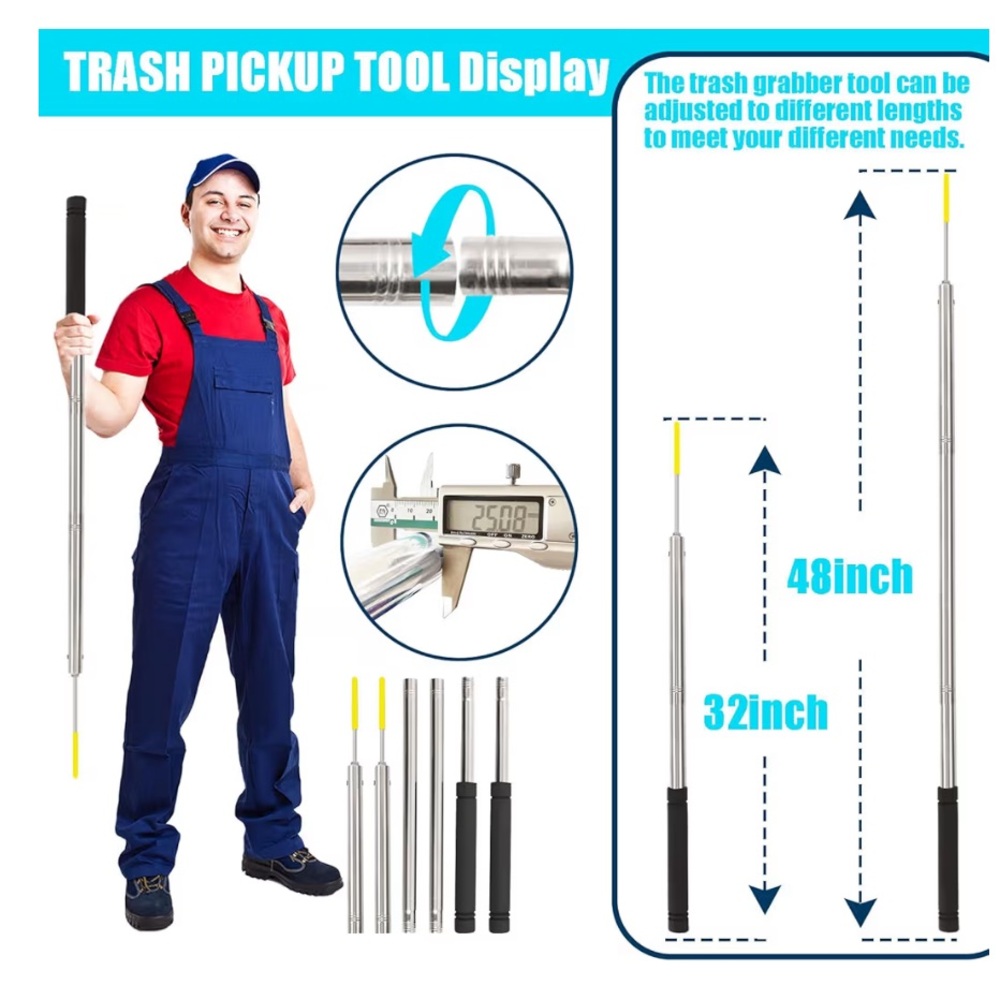 Trash Pickup Tool 48 Inch Track Picker Upper Grabber High Duty Stainless Steel - Picture 2 of 9